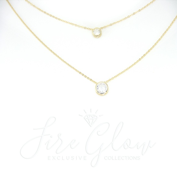 2 Tier Double Round Gems Charm Necklace Gold Tone - Picture 9 of 12